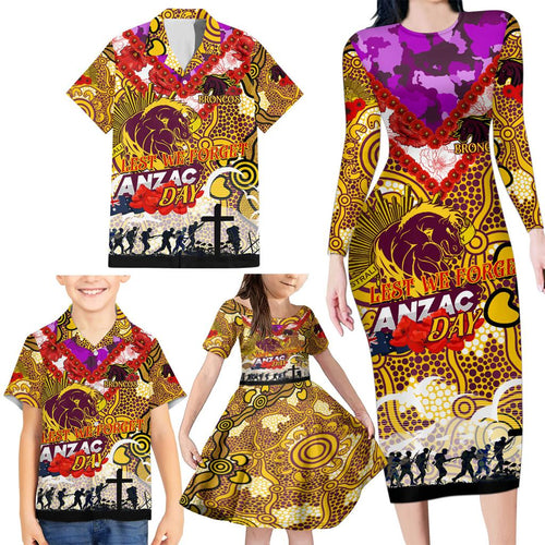 Personalised Broncos ANZAC Day Family Matching Long Sleeve Bodycon Dress and Hawaiian Shirt Aboriginal Rising Sun