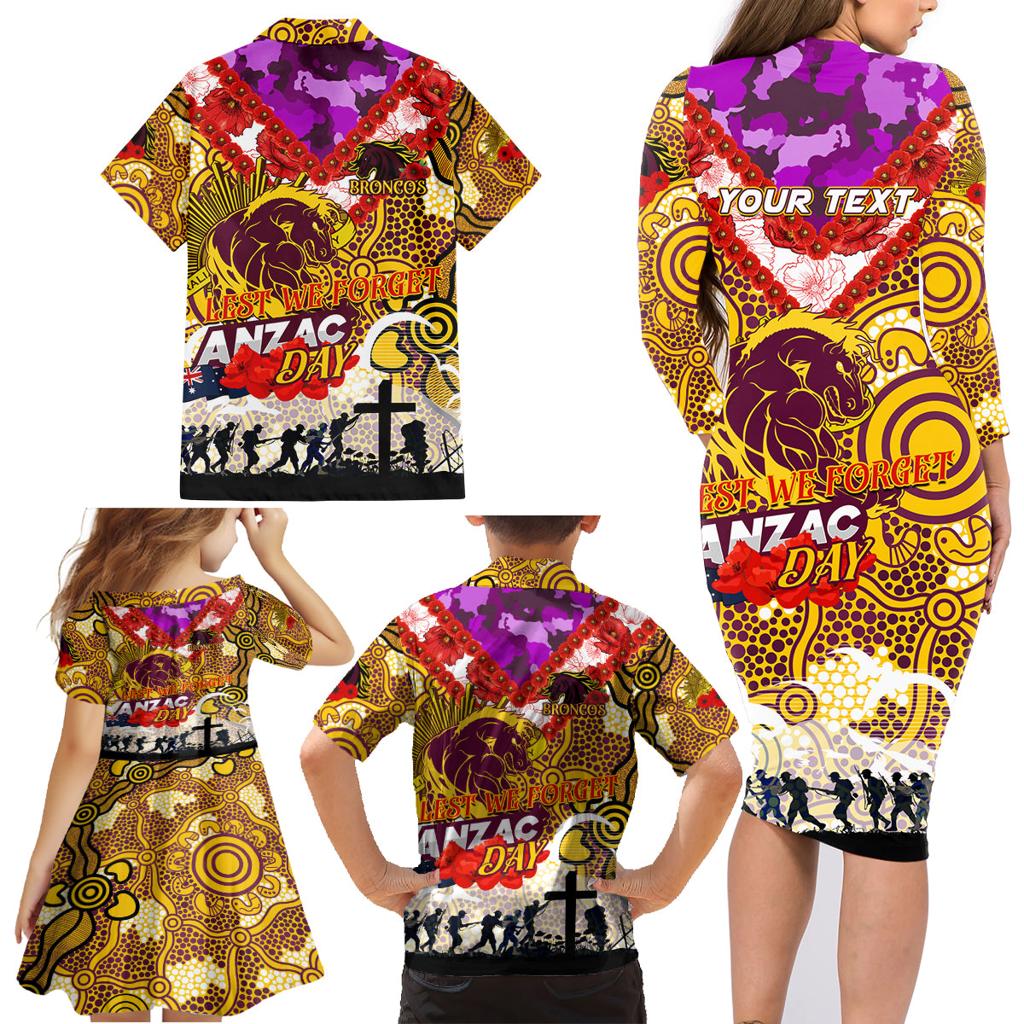 Personalised Broncos ANZAC Day Family Matching Long Sleeve Bodycon Dress and Hawaiian Shirt Aboriginal Rising Sun