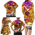 Personalised Broncos ANZAC Day Family Matching Long Sleeve Bodycon Dress and Hawaiian Shirt Aboriginal Rising Sun