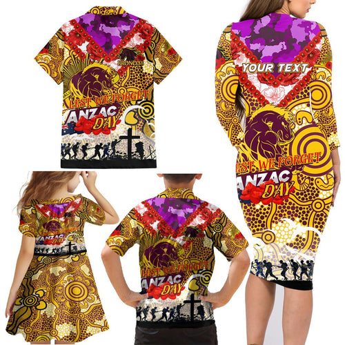 Personalised Broncos ANZAC Day Family Matching Long Sleeve Bodycon Dress and Hawaiian Shirt Aboriginal Rising Sun