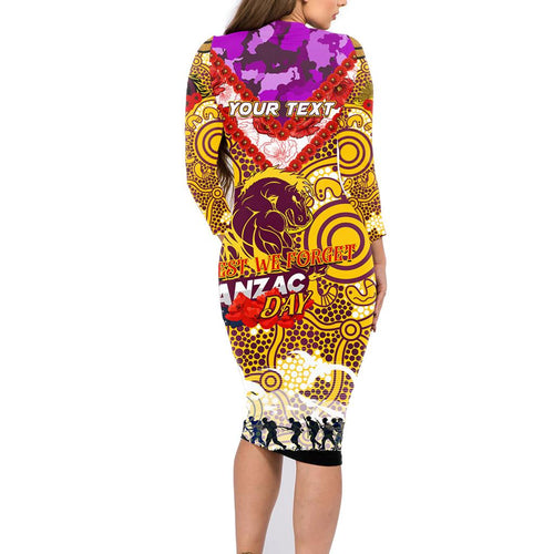 Personalised Broncos ANZAC Day Family Matching Long Sleeve Bodycon Dress and Hawaiian Shirt Aboriginal Rising Sun