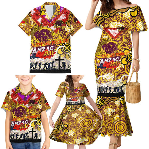 Personalised Broncos ANZAC Day Family Matching Mermaid Dress and Hawaiian Shirt Aboriginal Rising Sun
