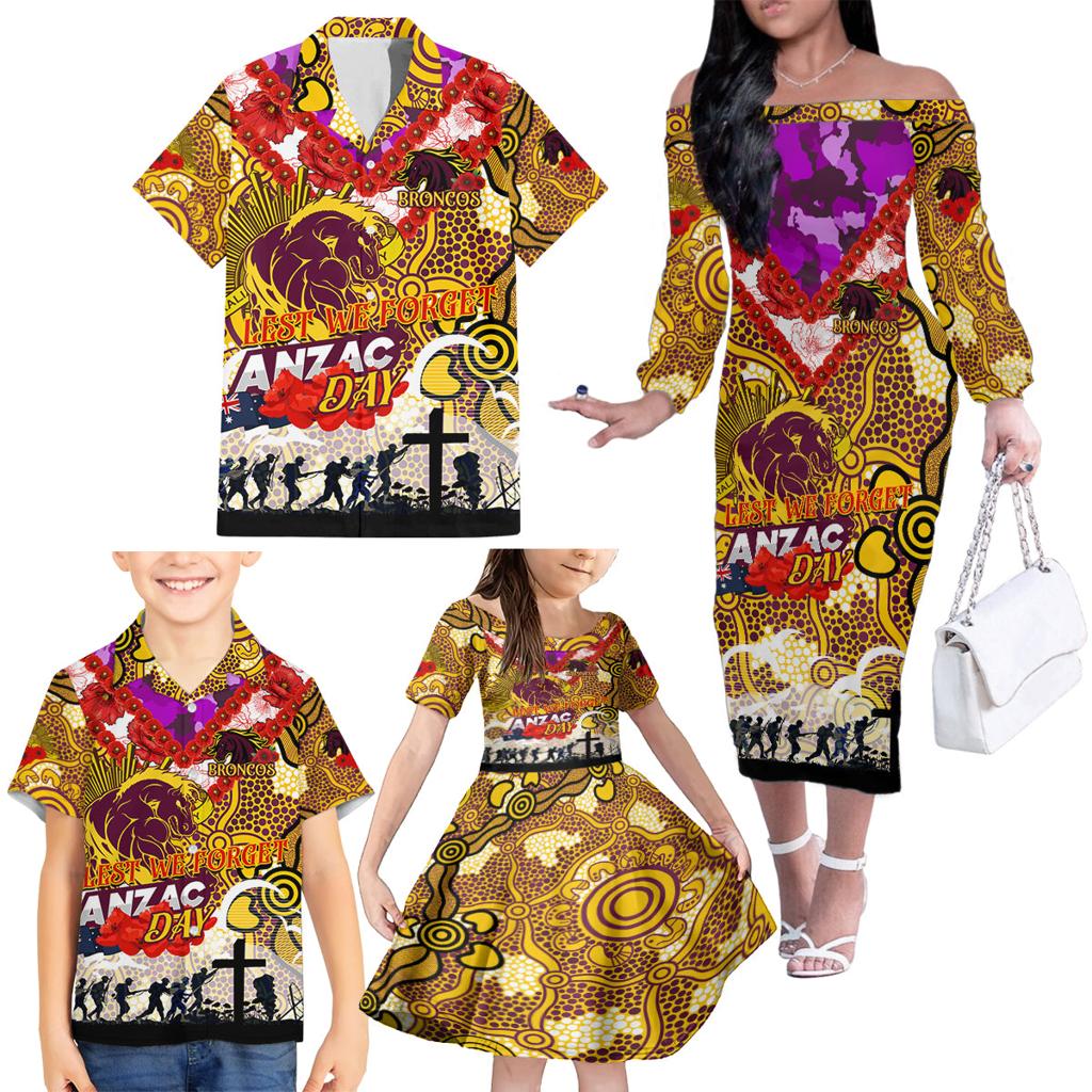 Personalised Broncos ANZAC Day Family Matching Off The Shoulder Long Sleeve Dress and Hawaiian Shirt Aboriginal Rising Sun