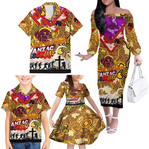 Personalised Broncos ANZAC Day Family Matching Off The Shoulder Long Sleeve Dress and Hawaiian Shirt Aboriginal Rising Sun