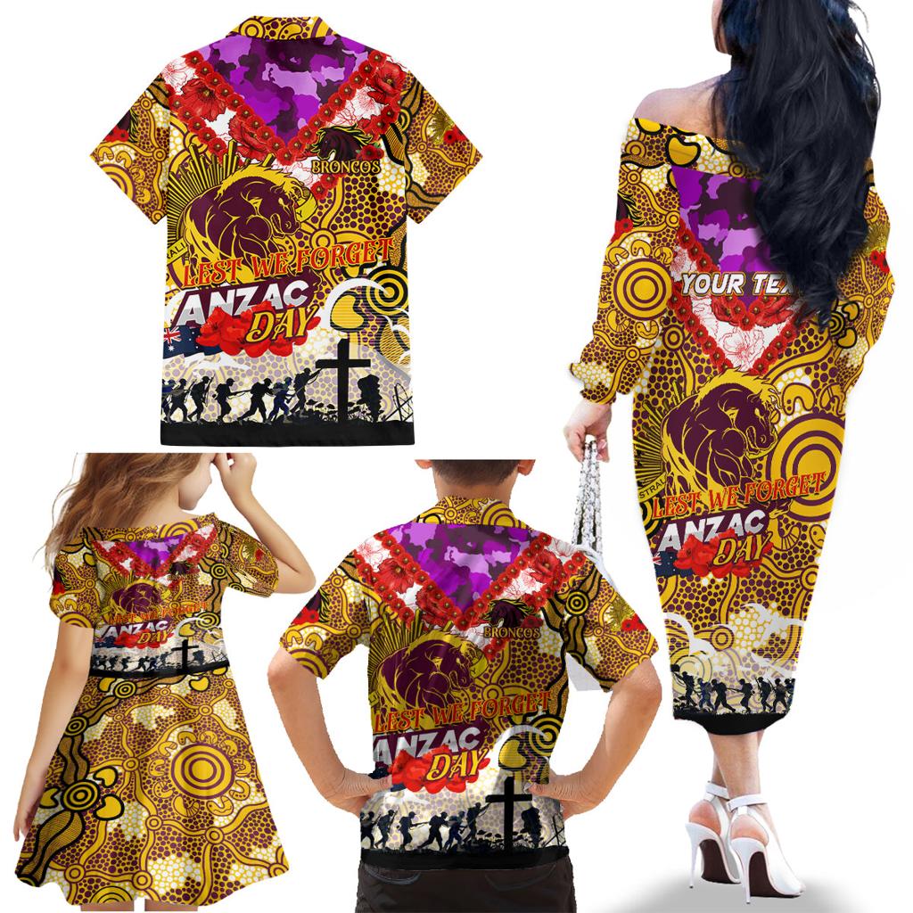 Personalised Broncos ANZAC Day Family Matching Off The Shoulder Long Sleeve Dress and Hawaiian Shirt Aboriginal Rising Sun