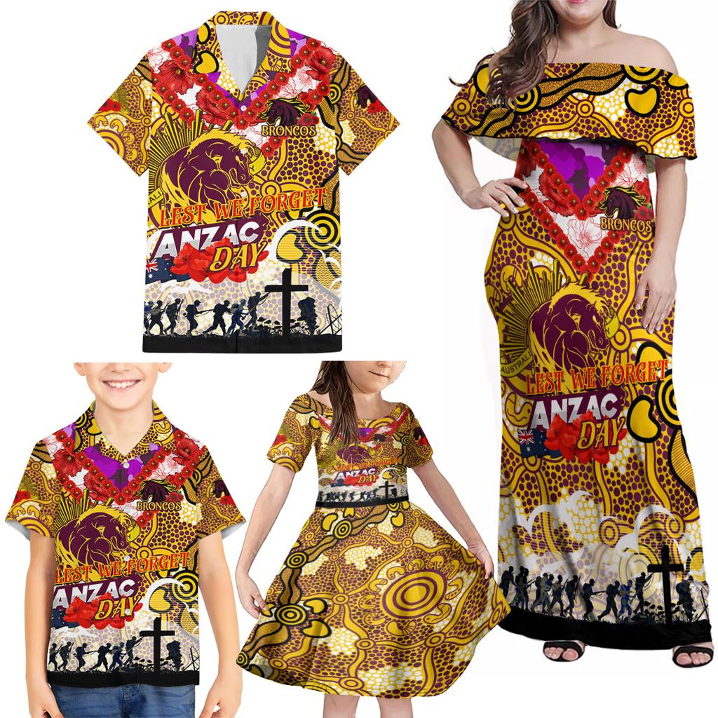 Personalised Broncos ANZAC Day Family Matching Off Shoulder Maxi Dress and Hawaiian Shirt Aboriginal Rising Sun