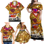 Personalised Broncos ANZAC Day Family Matching Off Shoulder Maxi Dress and Hawaiian Shirt Aboriginal Rising Sun