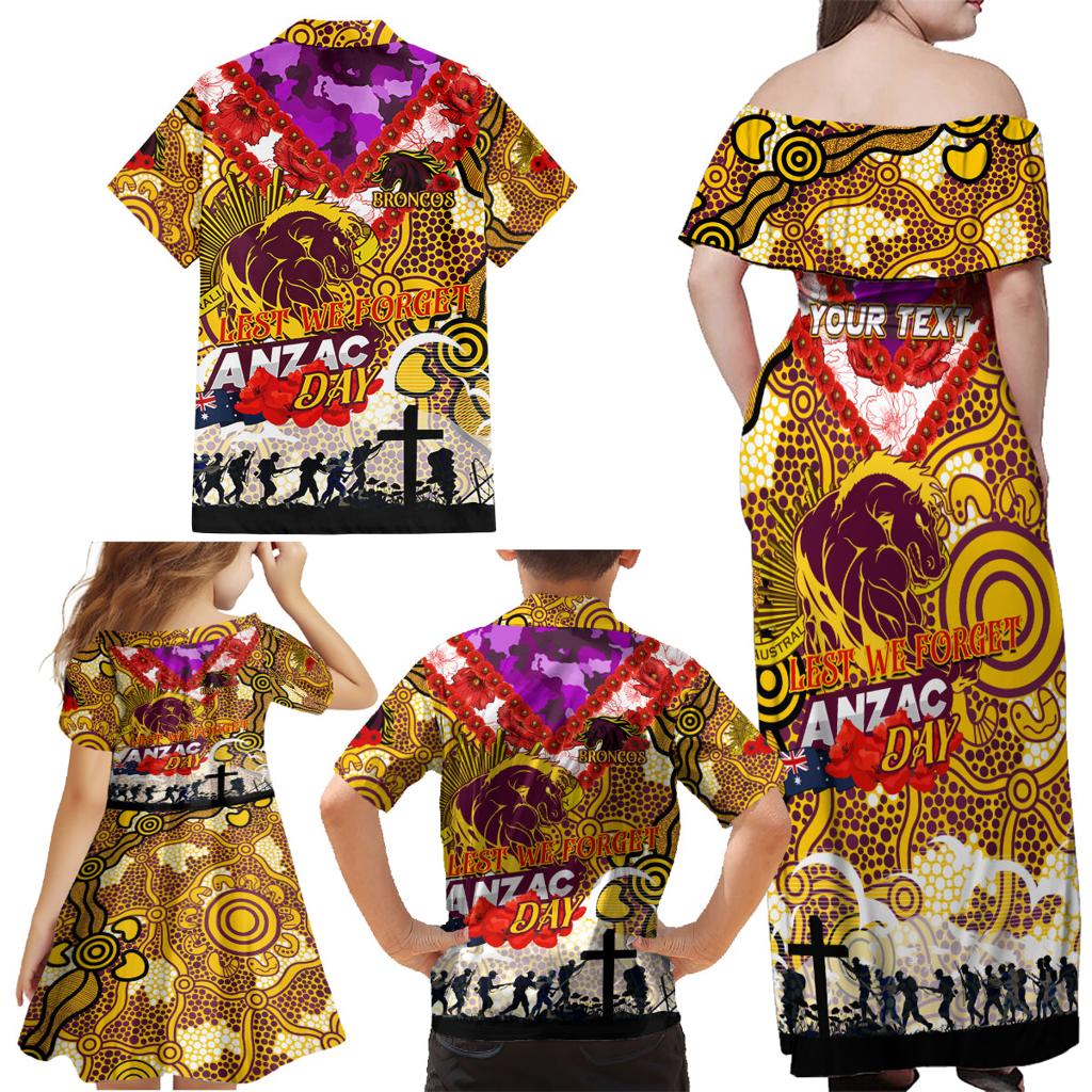 Personalised Broncos ANZAC Day Family Matching Off Shoulder Maxi Dress and Hawaiian Shirt Aboriginal Rising Sun