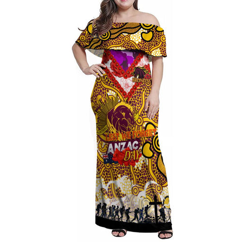 Personalised Broncos ANZAC Day Family Matching Off Shoulder Maxi Dress and Hawaiian Shirt Aboriginal Rising Sun