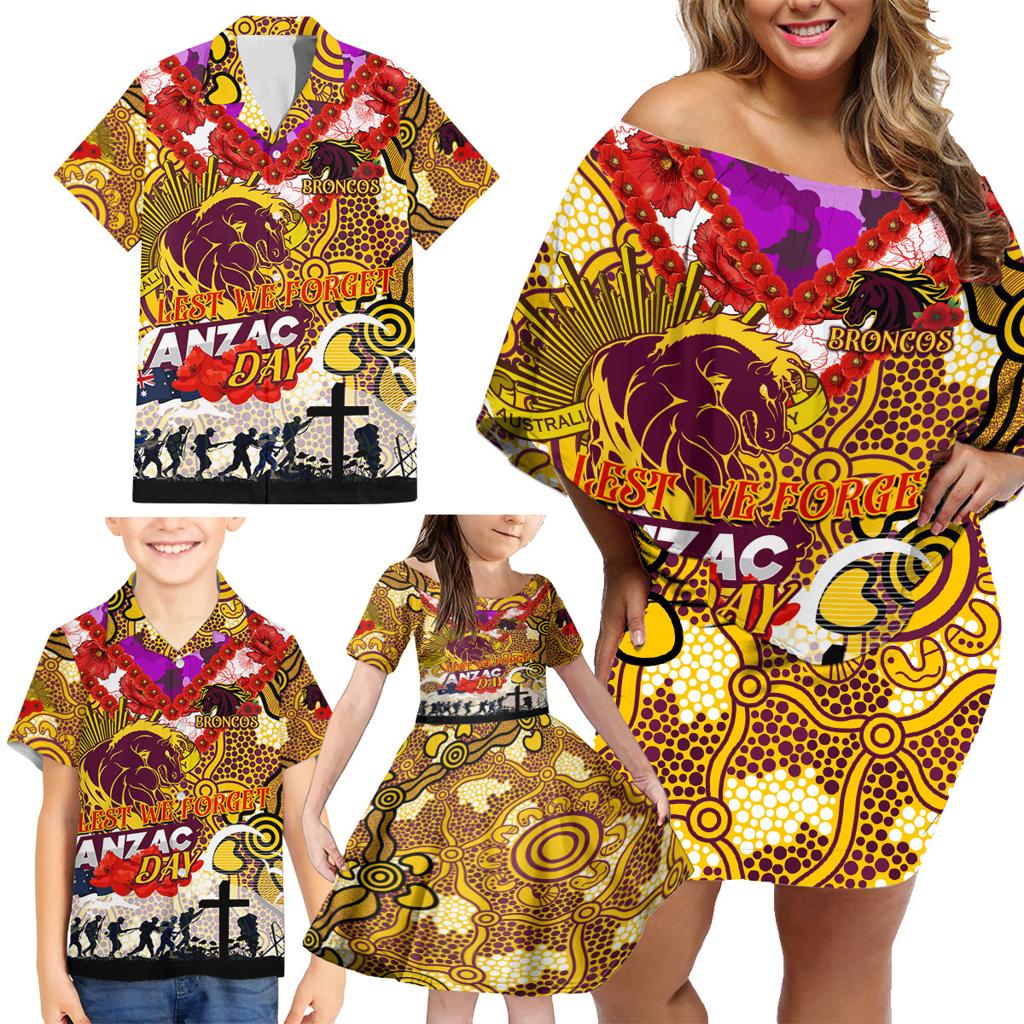 Personalised Broncos ANZAC Day Family Matching Off Shoulder Short Dress and Hawaiian Shirt Aboriginal Rising Sun