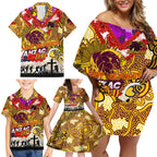 Personalised Broncos ANZAC Day Family Matching Off Shoulder Short Dress and Hawaiian Shirt Aboriginal Rising Sun