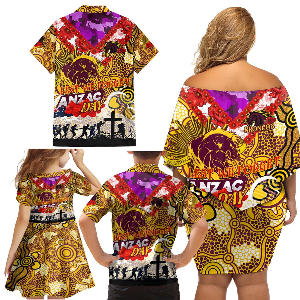 Personalised Broncos ANZAC Day Family Matching Off Shoulder Short Dress and Hawaiian Shirt Aboriginal Rising Sun