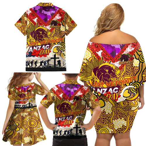 Personalised Broncos ANZAC Day Family Matching Off Shoulder Short Dress and Hawaiian Shirt Aboriginal Rising Sun