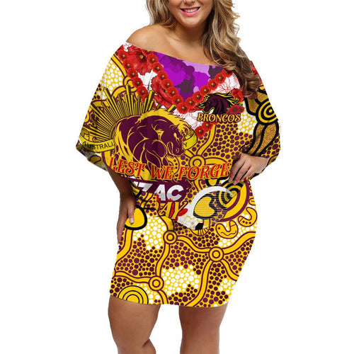Personalised Broncos ANZAC Day Family Matching Off Shoulder Short Dress and Hawaiian Shirt Aboriginal Rising Sun