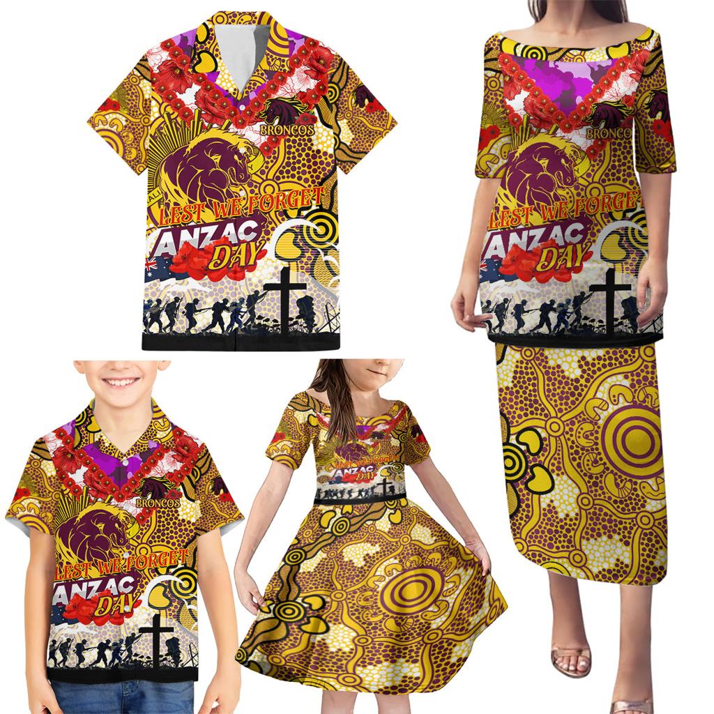 Personalised Broncos ANZAC Day Family Matching Puletasi and Hawaiian Shirt Aboriginal Rising Sun