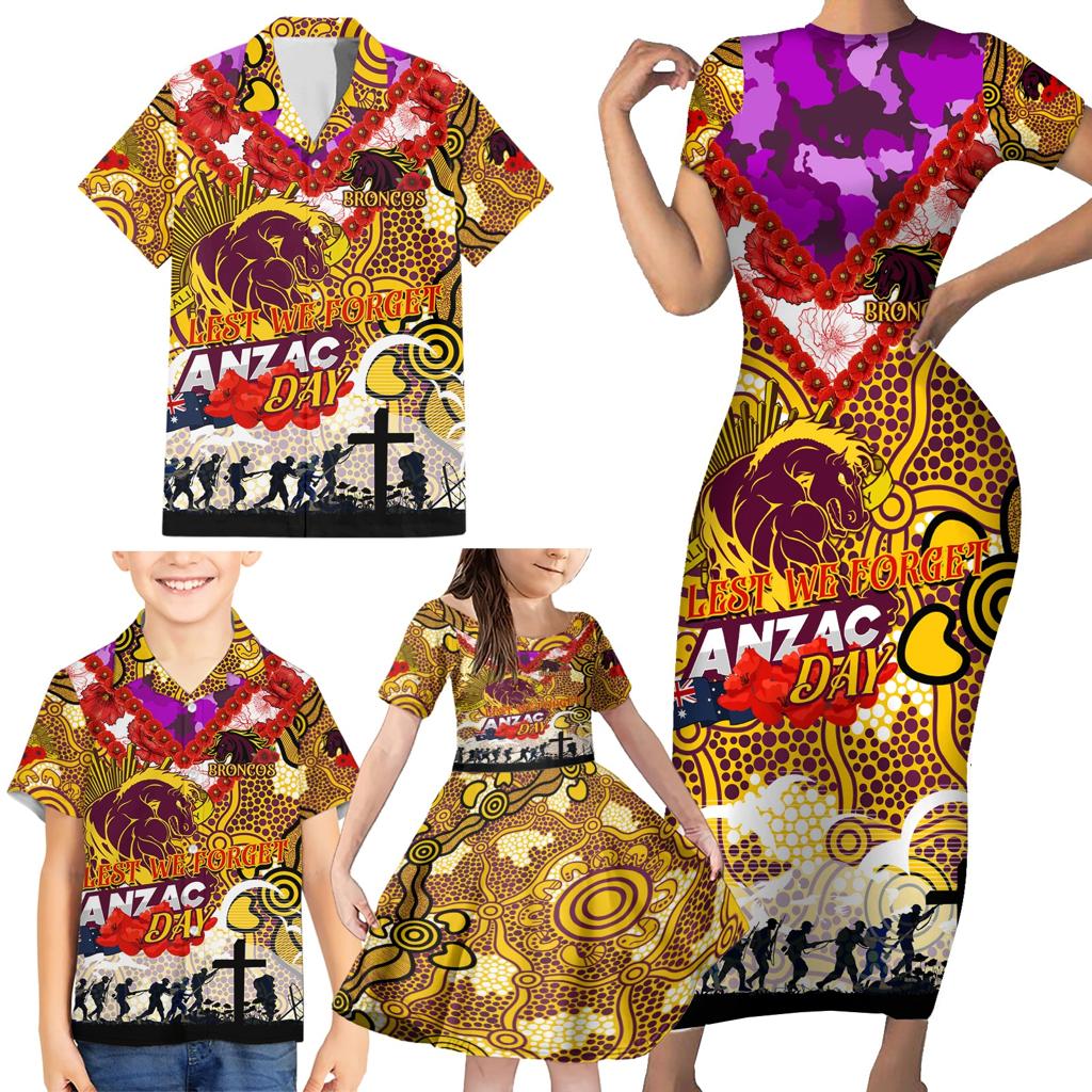 Personalised Broncos ANZAC Day Family Matching Short Sleeve Bodycon Dress and Hawaiian Shirt Aboriginal Rising Sun