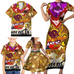 Personalised Broncos ANZAC Day Family Matching Short Sleeve Bodycon Dress and Hawaiian Shirt Aboriginal Rising Sun