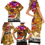 Personalised Broncos ANZAC Day Family Matching Short Sleeve Bodycon Dress and Hawaiian Shirt Aboriginal Rising Sun