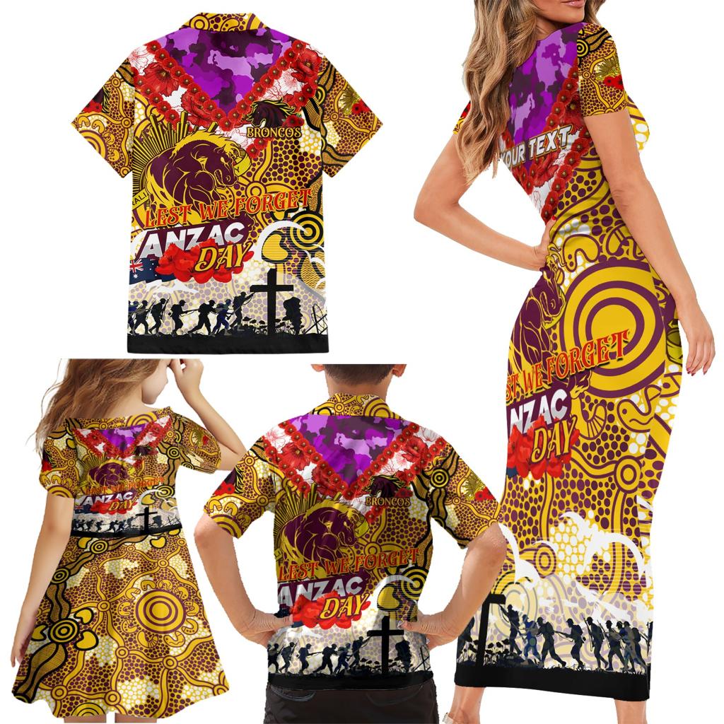 Personalised Broncos ANZAC Day Family Matching Short Sleeve Bodycon Dress and Hawaiian Shirt Aboriginal Rising Sun