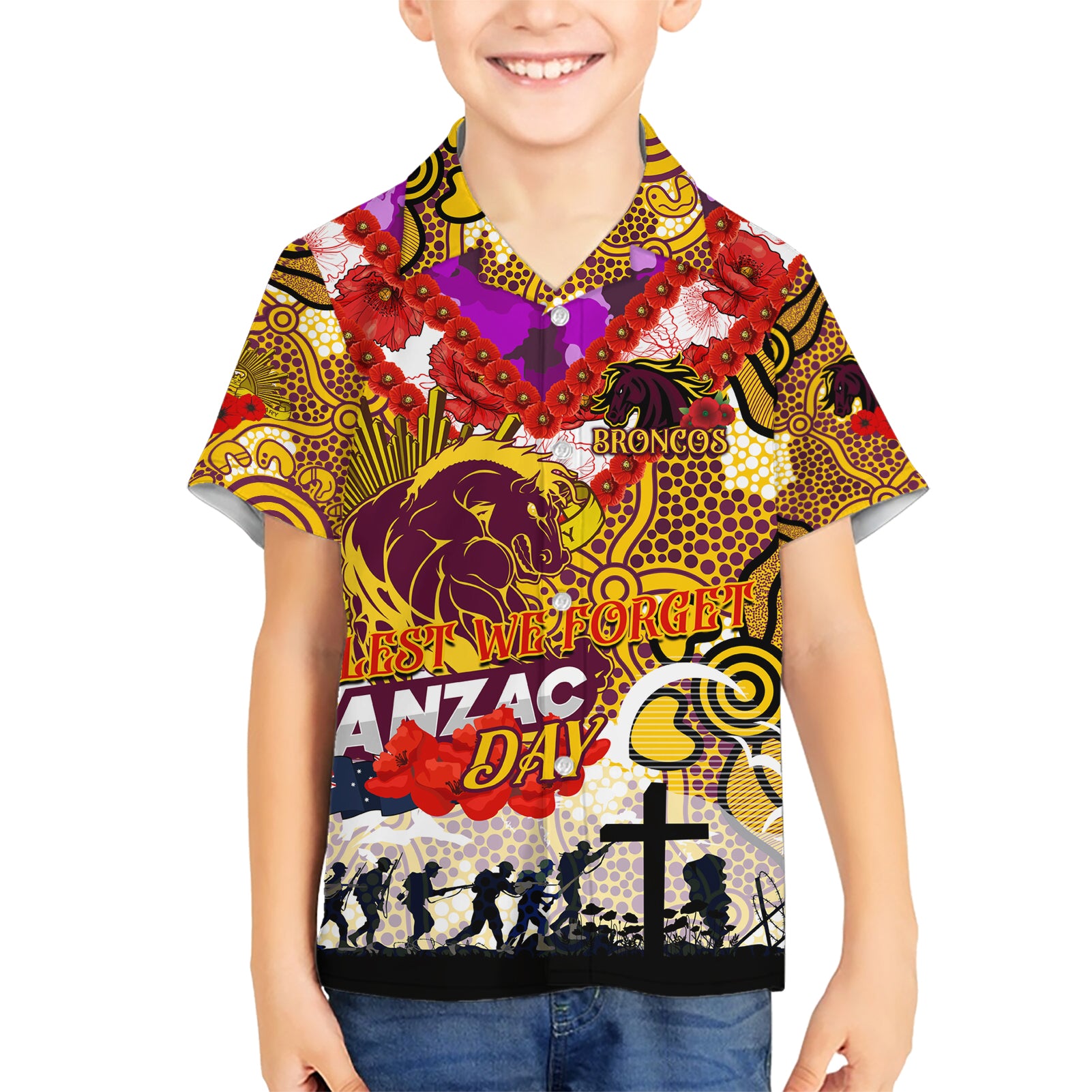 Personalised Broncos ANZAC Day Hawaiian Shirt Aboriginal Rising Sun