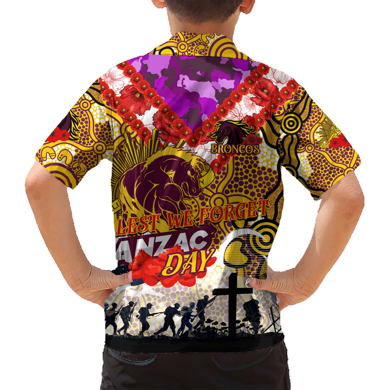 Personalised Broncos ANZAC Day Kid Hawaiian Shirt Aboriginal Rising Sun