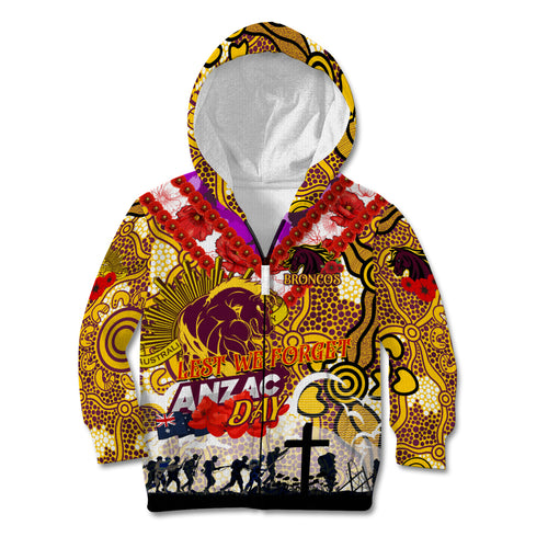 Personalised Broncos ANZAC Day Kid Hoodie Aboriginal Rising Sun