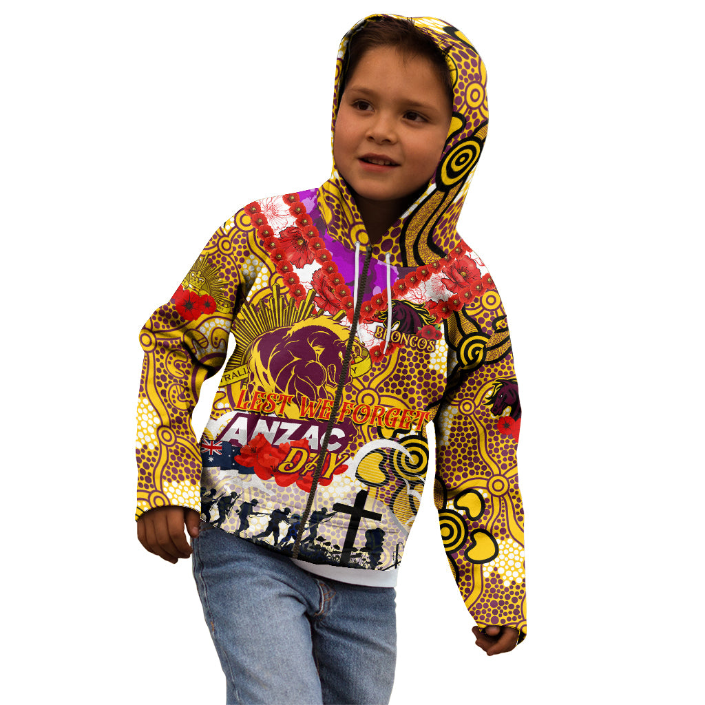 Personalised Broncos ANZAC Day Kid Hoodie Aboriginal Rising Sun