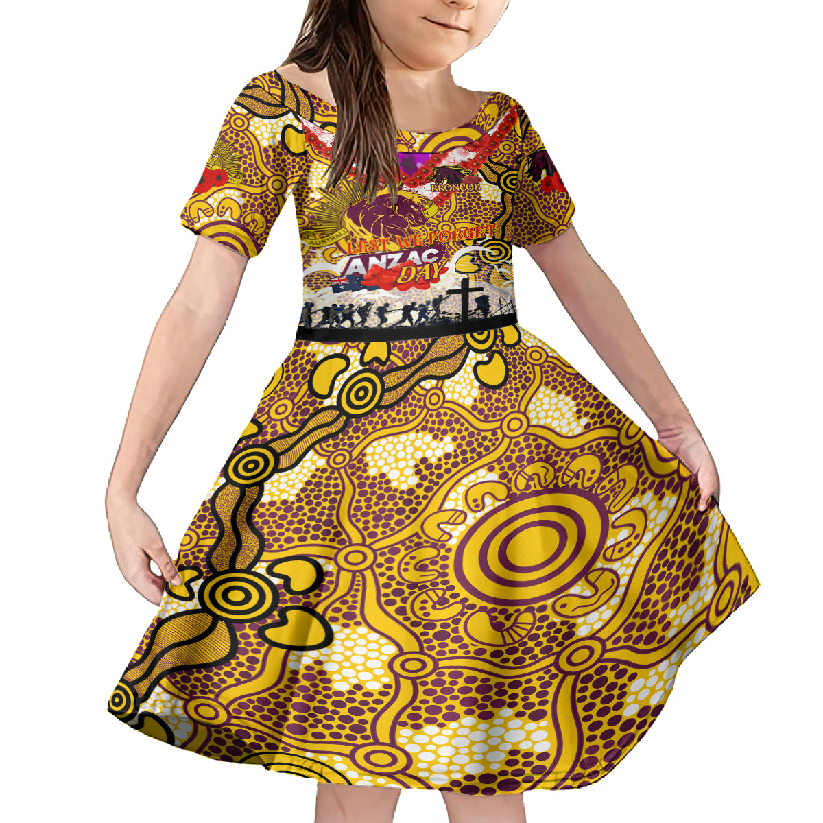 Personalised Broncos ANZAC Day Kid Short Sleeve Dress Aboriginal Rising Sun