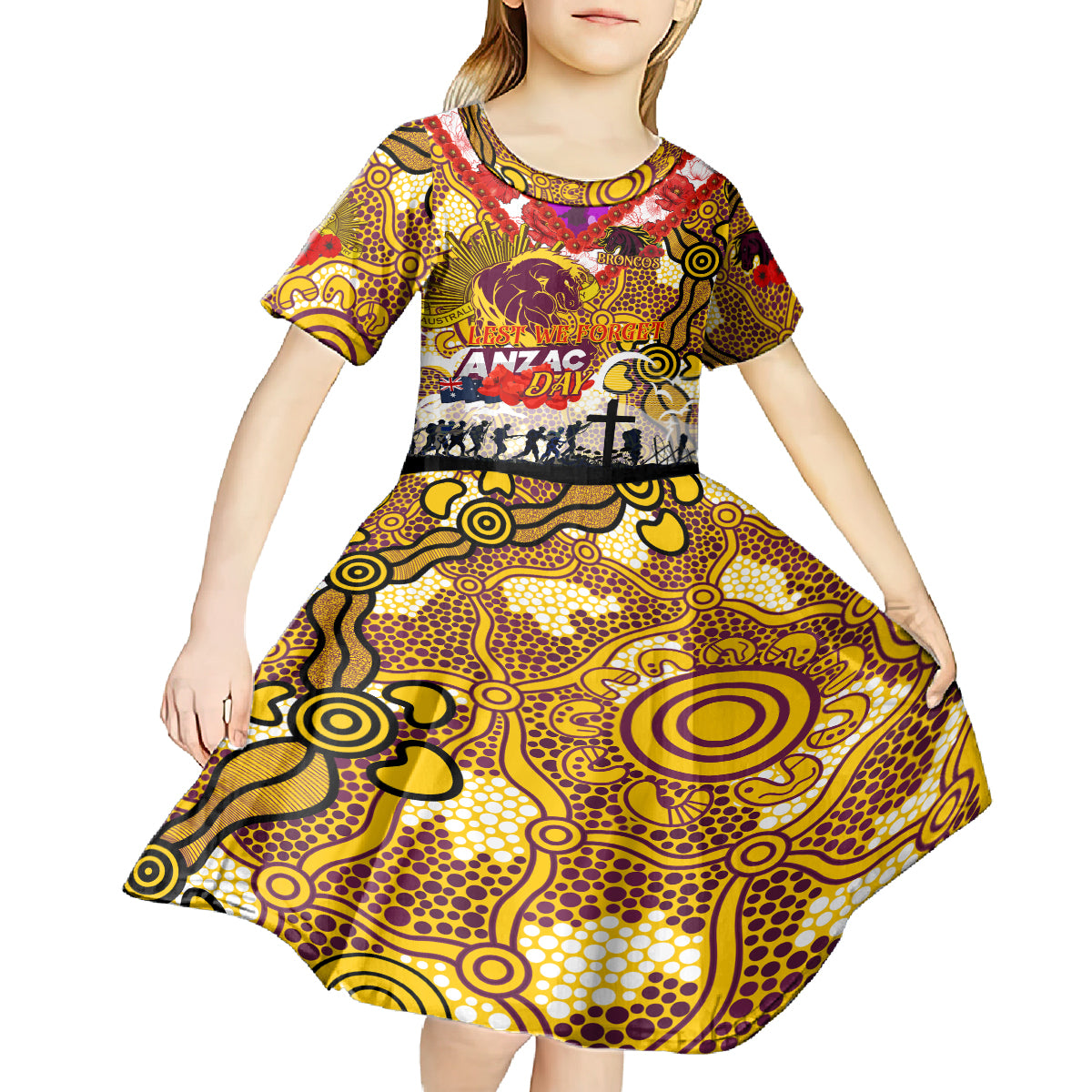 Personalised Broncos ANZAC Day Kid Short Sleeve Dress Aboriginal Rising Sun