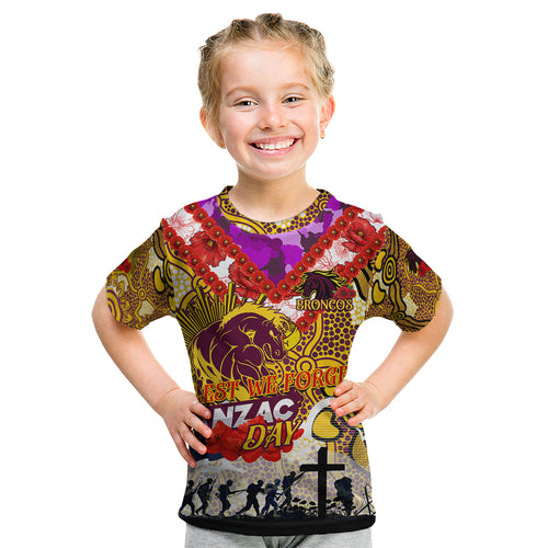 Personalised Broncos ANZAC Day Kid T Shirt Aboriginal Rising Sun