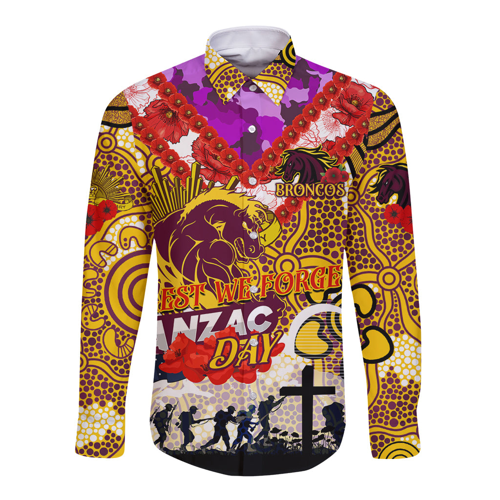 Personalised Broncos ANZAC Day Long Sleeve Button Shirt Aboriginal Rising Sun