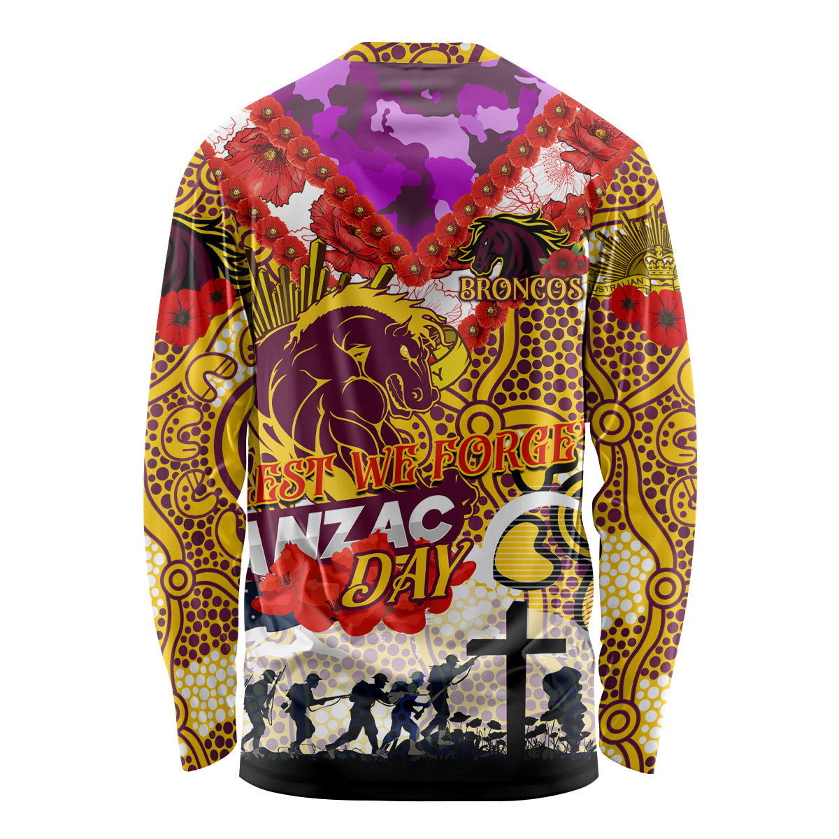 Personalised Broncos ANZAC Day Long Sleeve Shirt Aboriginal Rising Sun