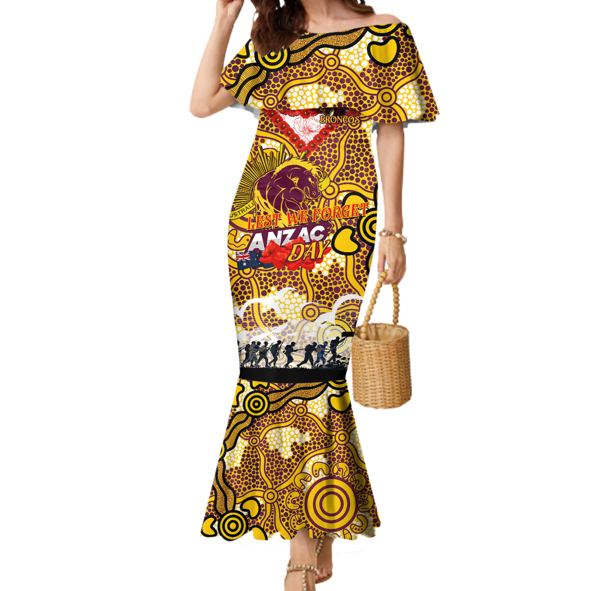Personalised Broncos ANZAC Day Mermaid Dress Aboriginal Rising Sun