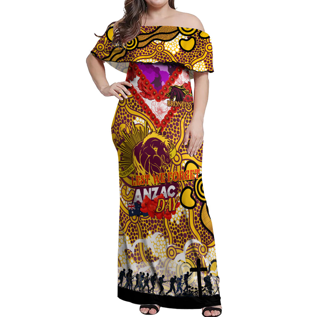 Personalised Broncos ANZAC Day Off Shoulder Maxi Dress Aboriginal Rising Sun