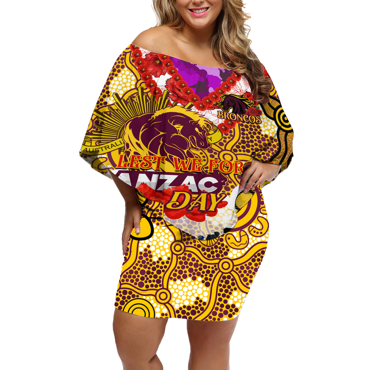 Personalised Broncos ANZAC Day Off Shoulder Short Dress Aboriginal Rising Sun