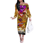 Personalised Broncos ANZAC Day Off The Shoulder Long Sleeve Dress Aboriginal Rising Sun