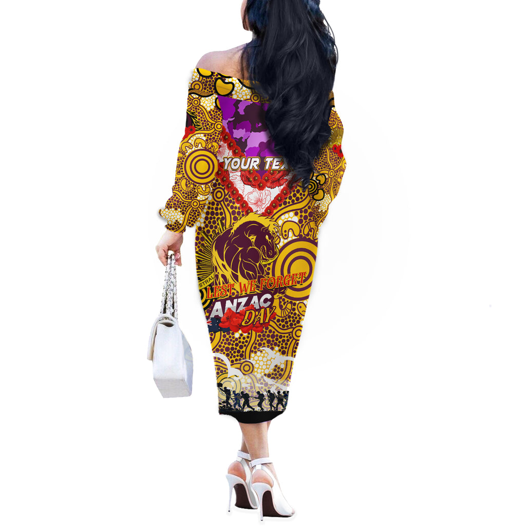 Personalised Broncos ANZAC Day Off The Shoulder Long Sleeve Dress Aboriginal Rising Sun