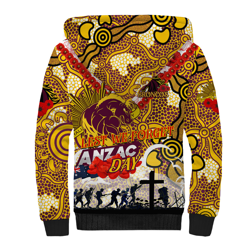 Personalised Broncos ANZAC Day Sherpa Hoodie Aboriginal Rising Sun