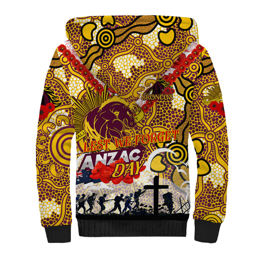 Personalised Broncos ANZAC Day Sherpa Hoodie Aboriginal Rising Sun