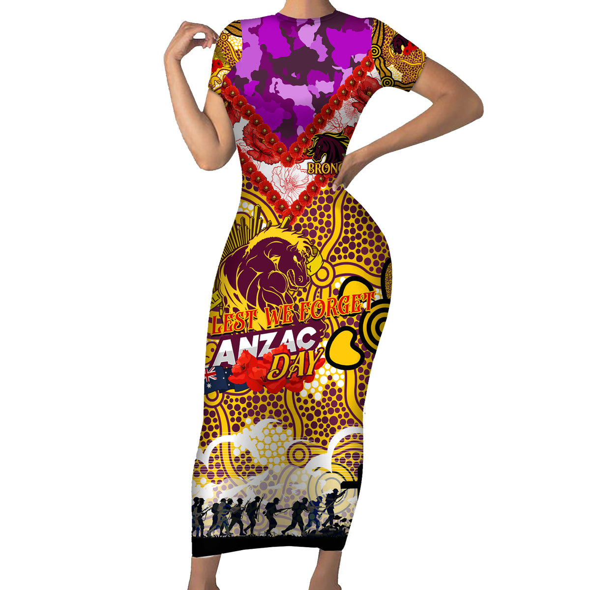 Personalised Broncos ANZAC Day Short Sleeve Bodycon Dress Aboriginal Rising Sun
