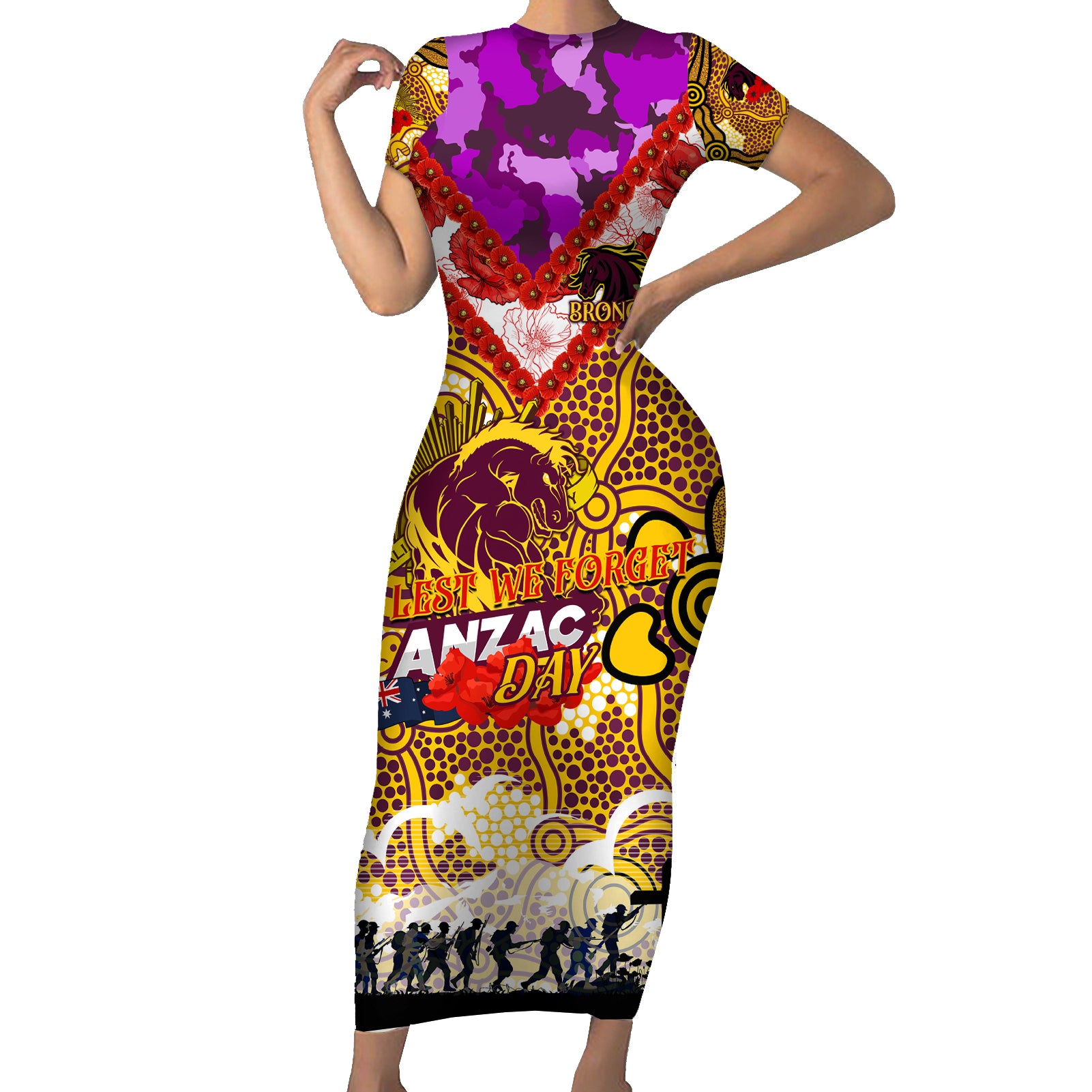 Personalised Broncos ANZAC Day Short Sleeve Bodycon Dress Aboriginal Rising Sun