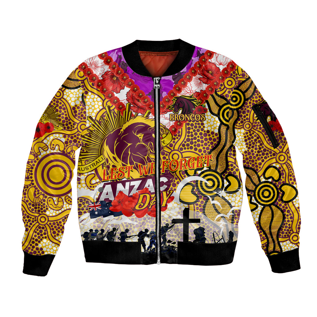 Personalised Broncos ANZAC Day Sleeve Zip Bomber Jacket Aboriginal Rising Sun
