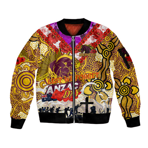 Personalised Broncos ANZAC Day Sleeve Zip Bomber Jacket Aboriginal Rising Sun