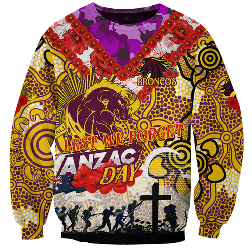 Personalised Broncos ANZAC Day Sweatshirt Aboriginal Rising Sun