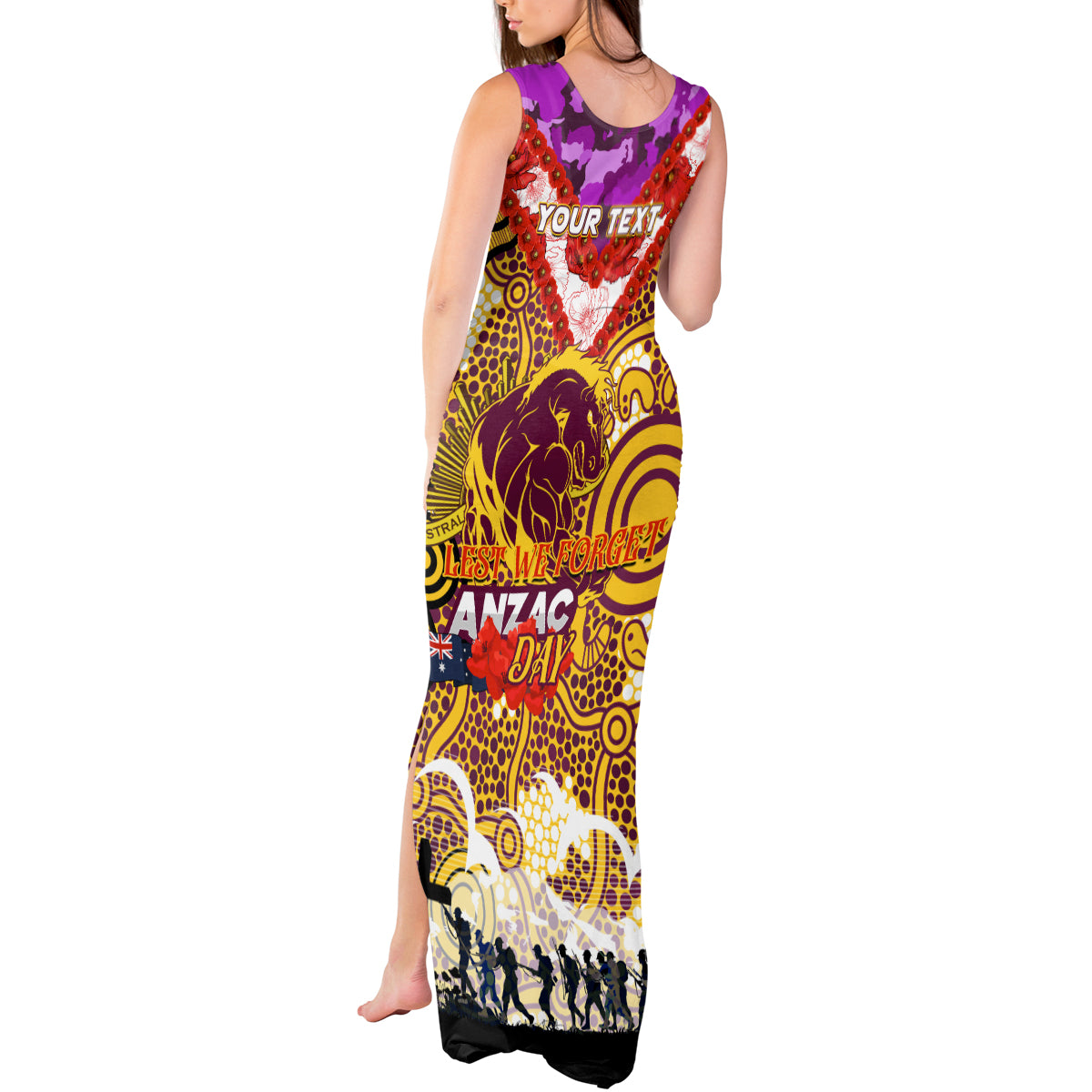 Personalised Broncos ANZAC Day Tank Maxi Dress Aboriginal Rising Sun