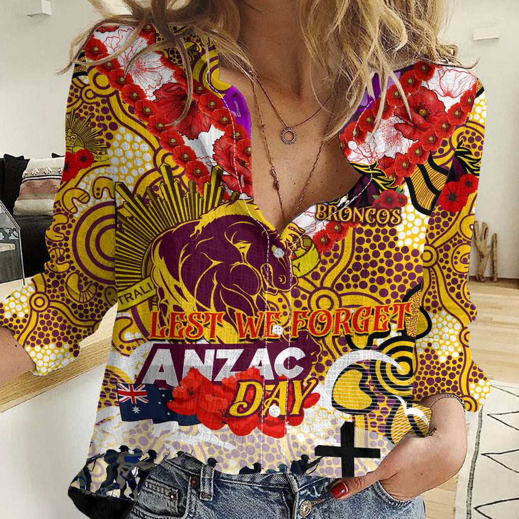Personalised Broncos ANZAC Day Women Casual Shirt Aboriginal Rising Sun