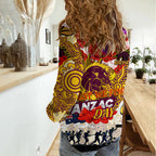 Personalised Broncos ANZAC Day Women Casual Shirt Aboriginal Rising Sun