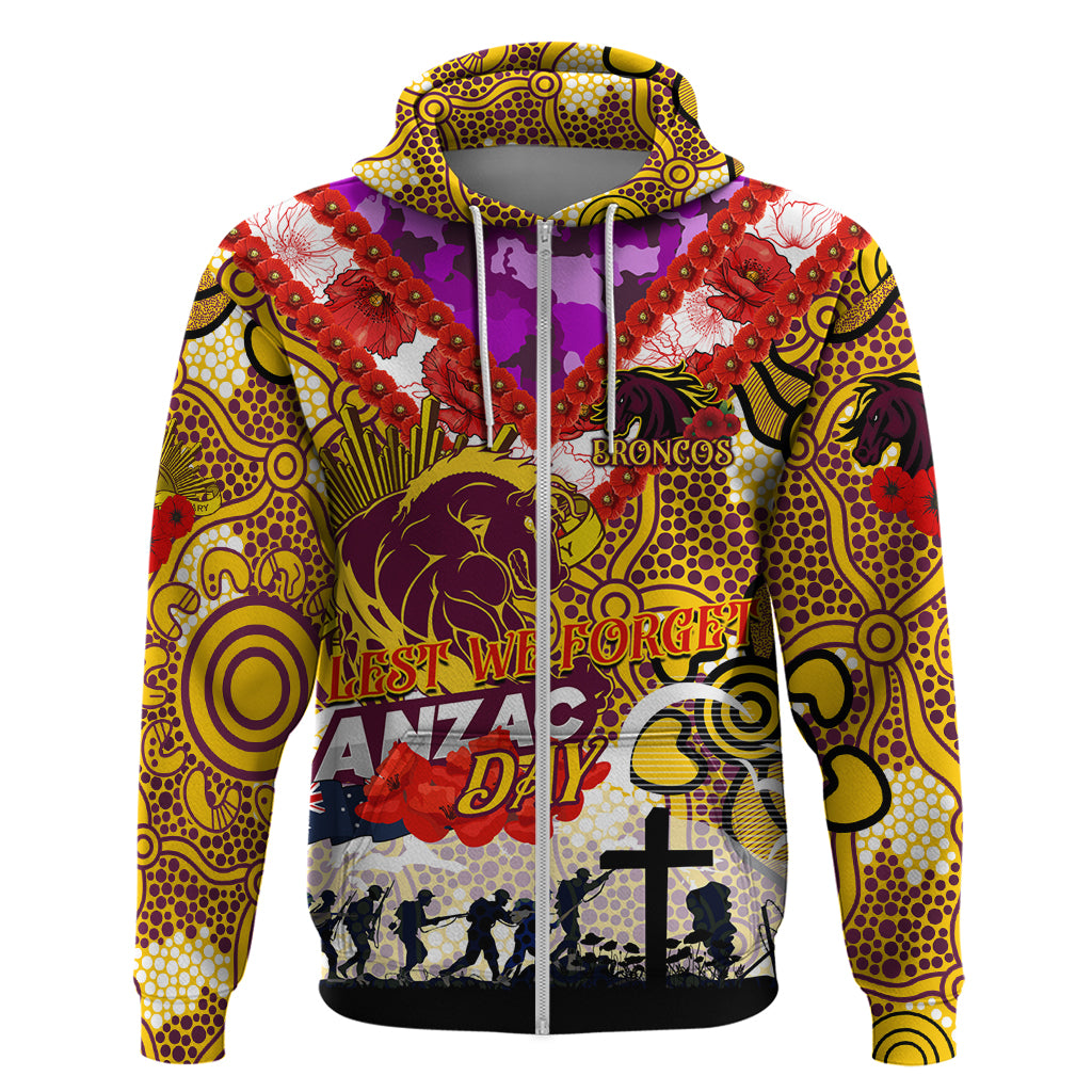 Personalised Broncos ANZAC Day Zip Hoodie Aboriginal Rising Sun