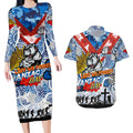 Personalised Bulldogs ANZAC Day Couples Matching Long Sleeve Bodycon Dress and Hawaiian Shirt Aboriginal Rising Sun