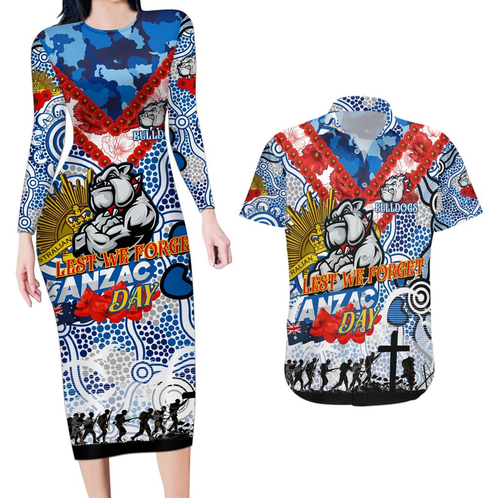 Personalised Bulldogs ANZAC Day Couples Matching Long Sleeve Bodycon Dress and Hawaiian Shirt Aboriginal Rising Sun